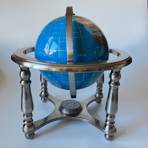 Vintage Gemstones World Globe: Lapis Lazuli Ocean, Silver Metal Stand, Compass - Picture 6 of 17